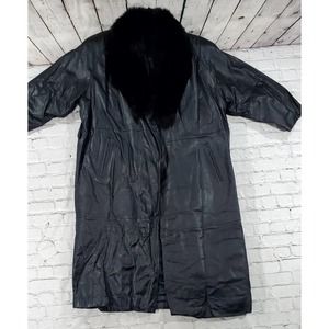 JACQUELINE FERRAR Genuine Leather Fox Fur Trench Coat Jacket Black WOMENS SIZE M